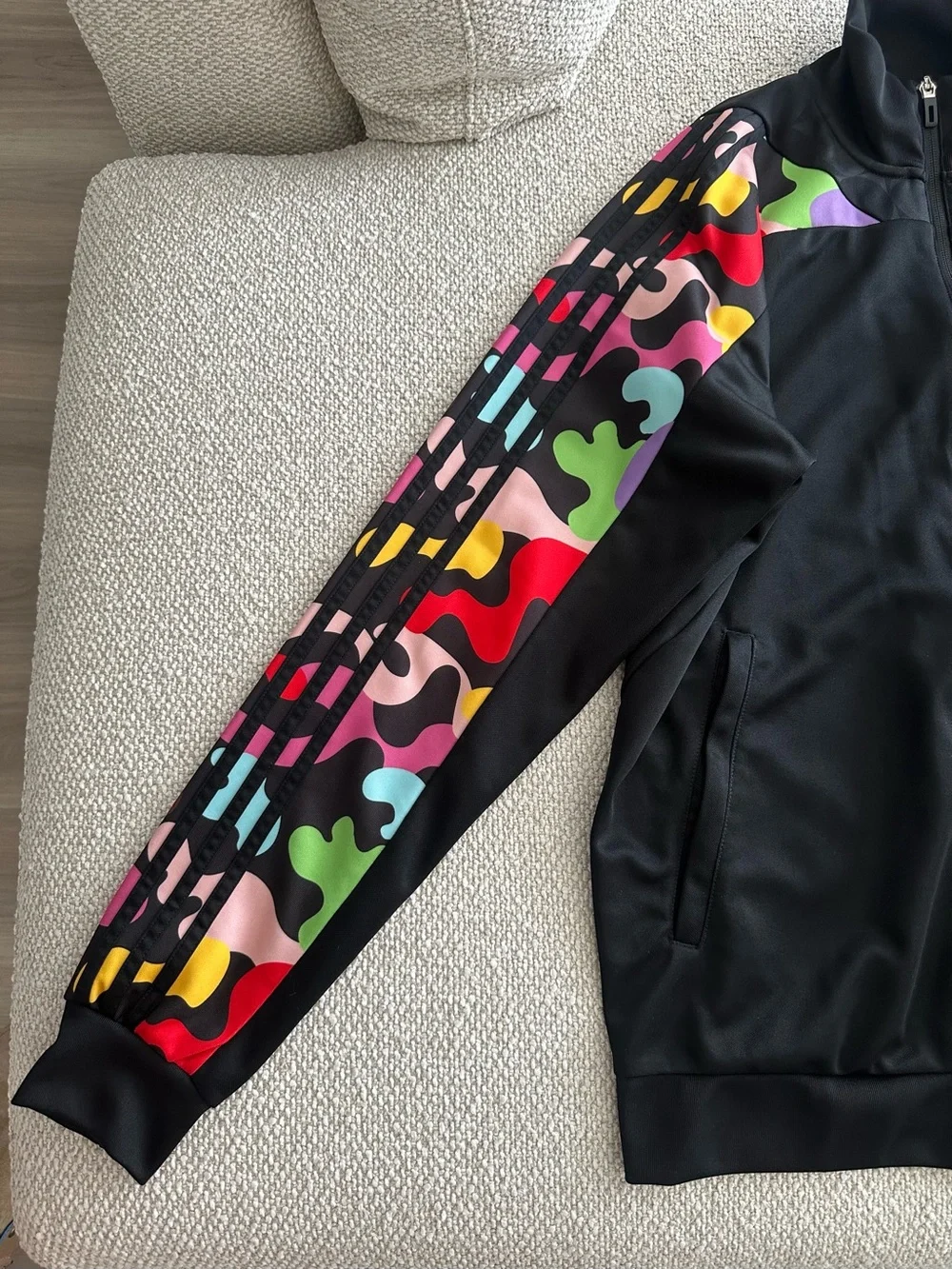 Adidas Rich Mnisi Black Jacket with Multicolor Camo Left Sleeve